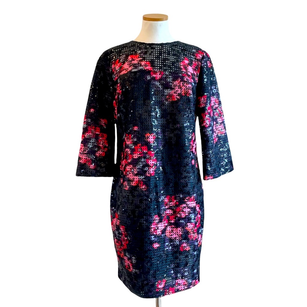 Trina Turk Grenadine Dress 3/4 Sleeve Embellished Black Floral Size 8 New